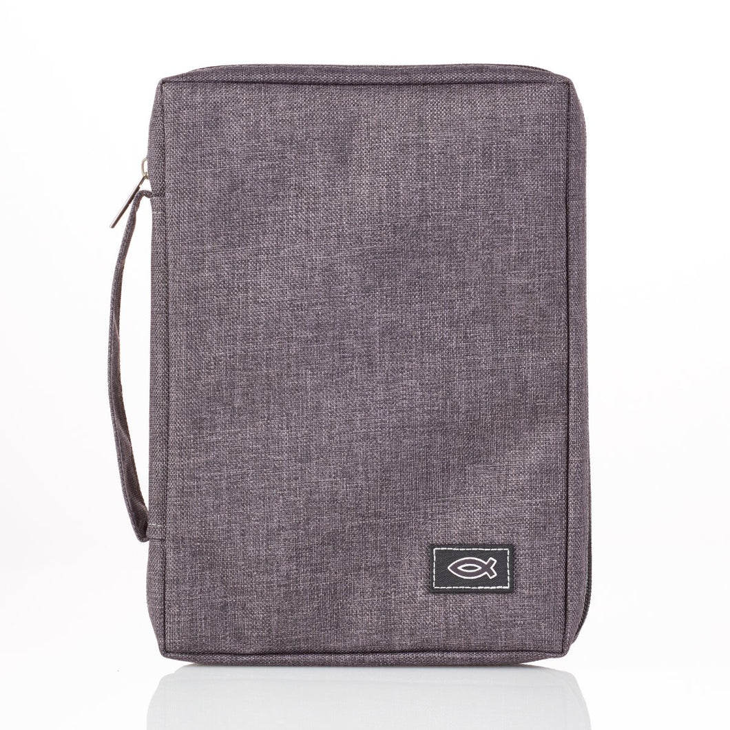 Canvas Bible Cover with Fish Applique - Gray/Large